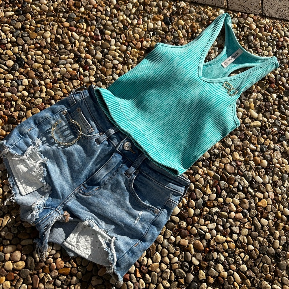 Turquoise Ribbed Tank Top with bra.